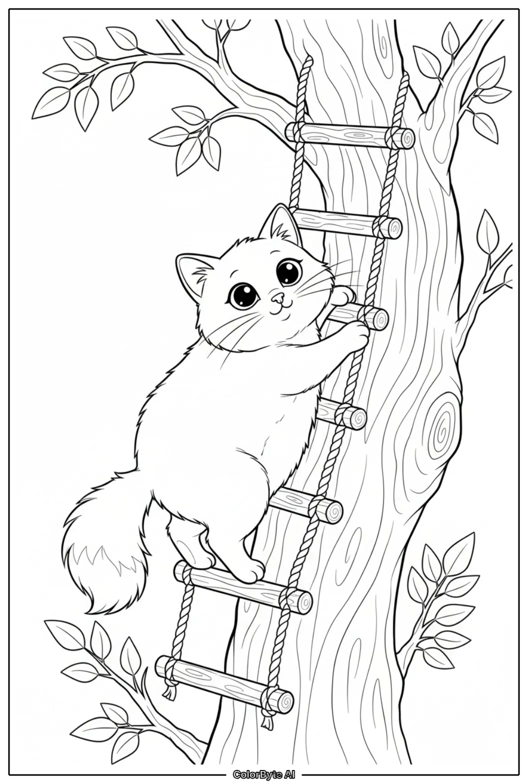 Cute Cat climbing winding ladder leaning on tree
