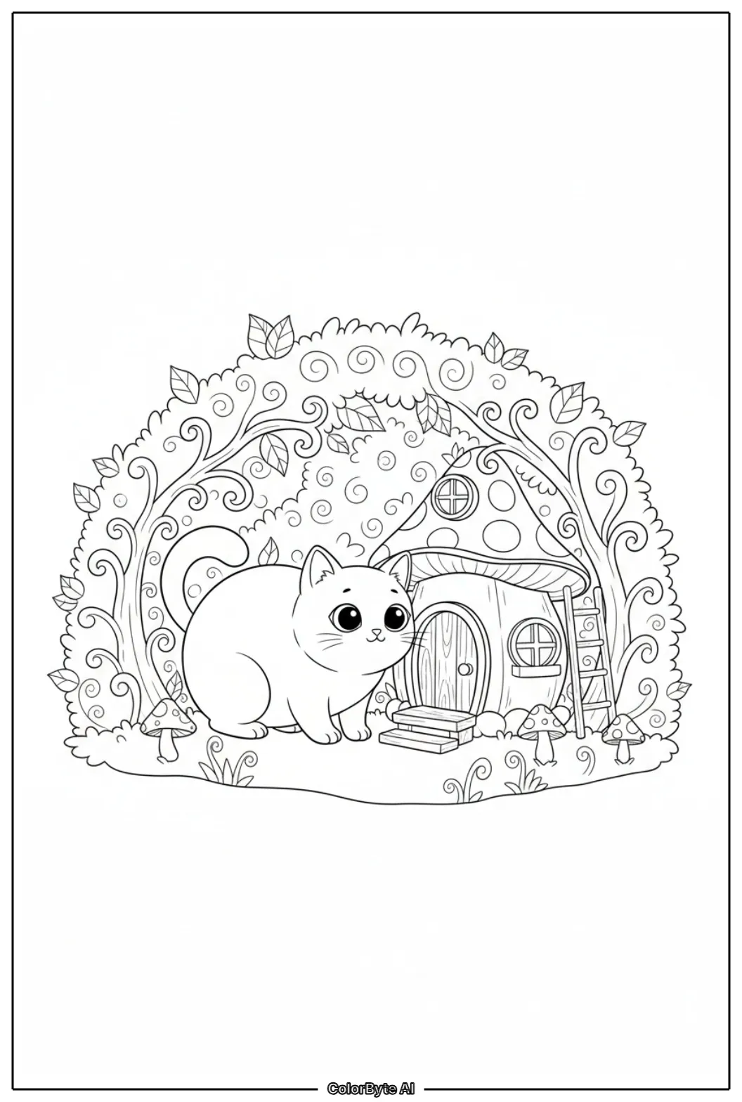 Cute Cat exploring tiny gnome hut hidden in bush