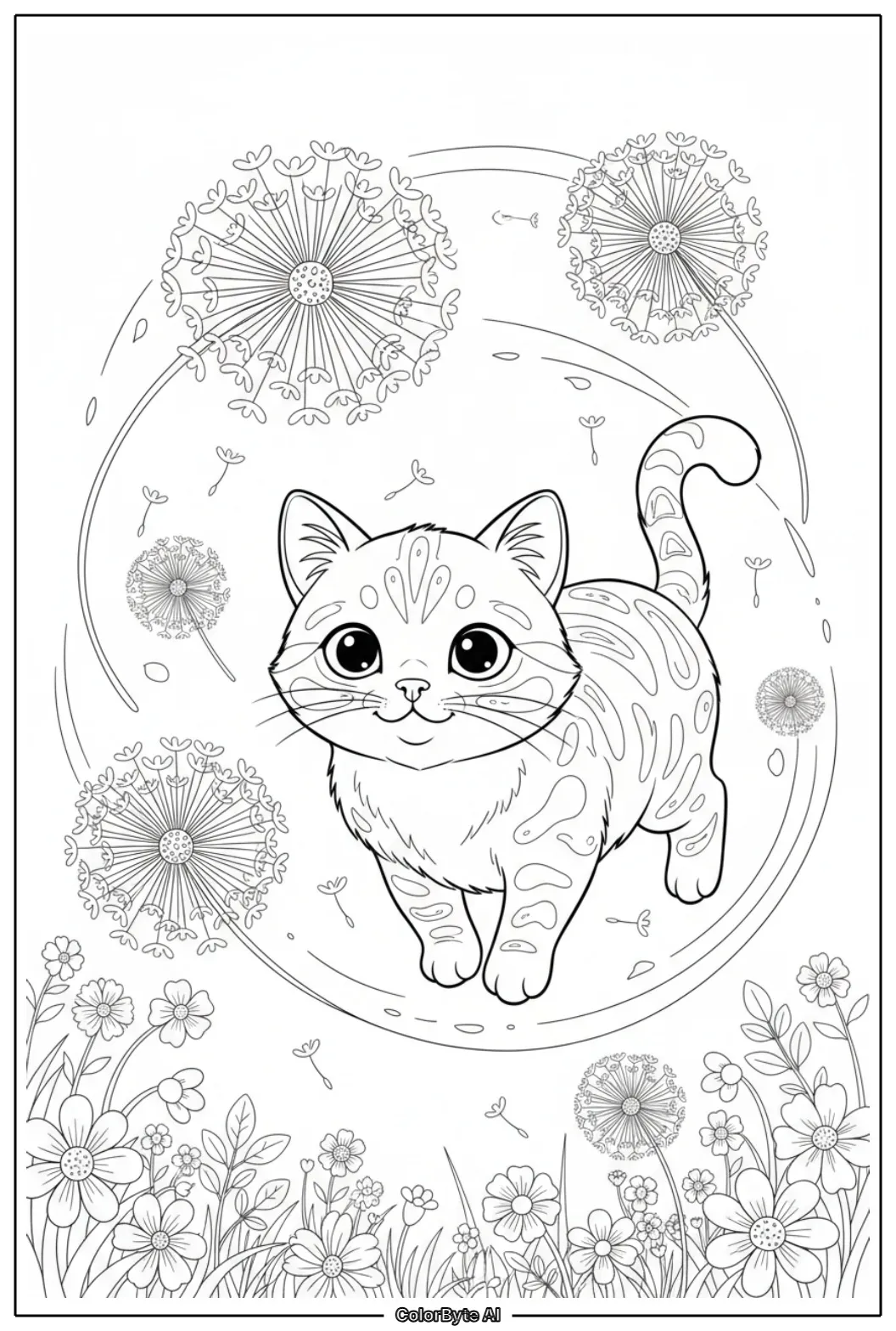 Cute Cat floating with dandelion fluff on meadow