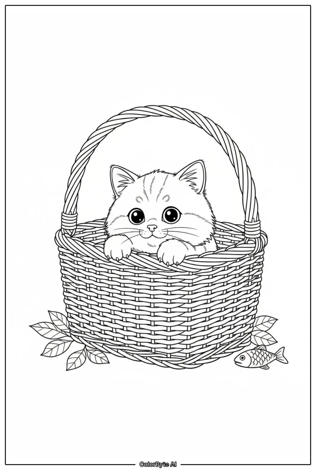 Cute Cat hiding inside woven wicker picnic basket