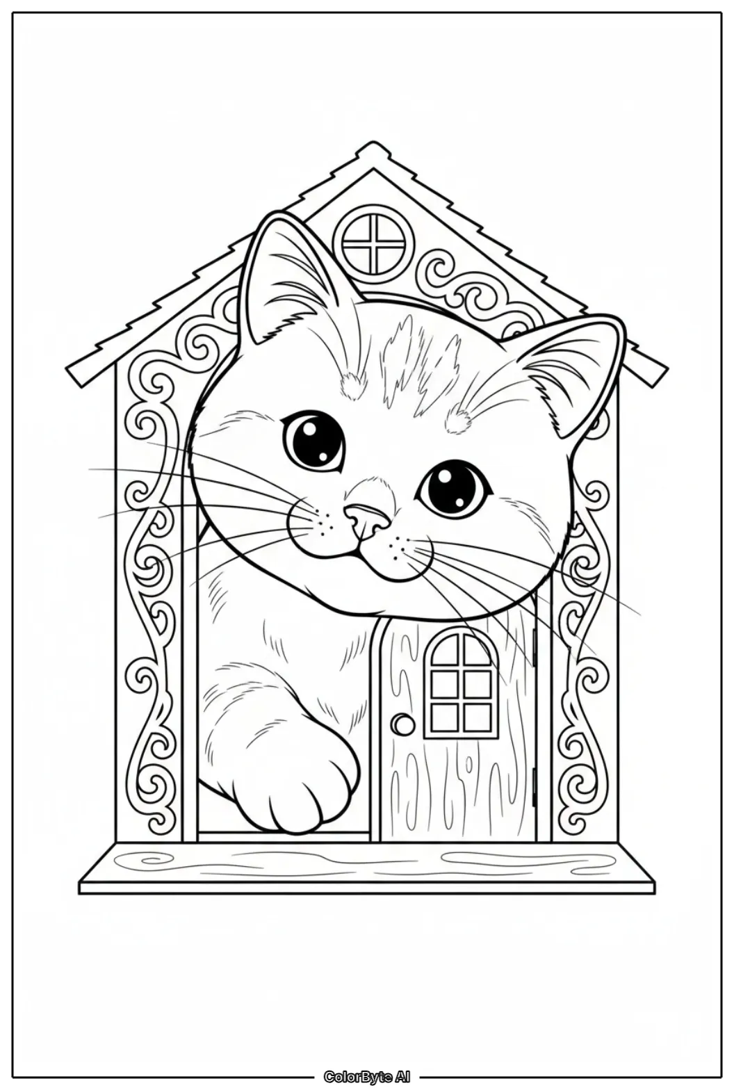 Cute Cat peeking out from tiny dollhouse doorway