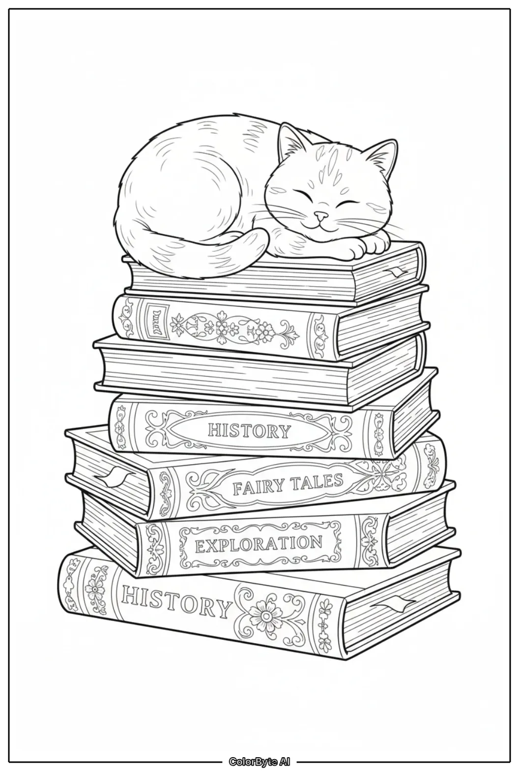 Cute Cat resting on antique book stack indoors