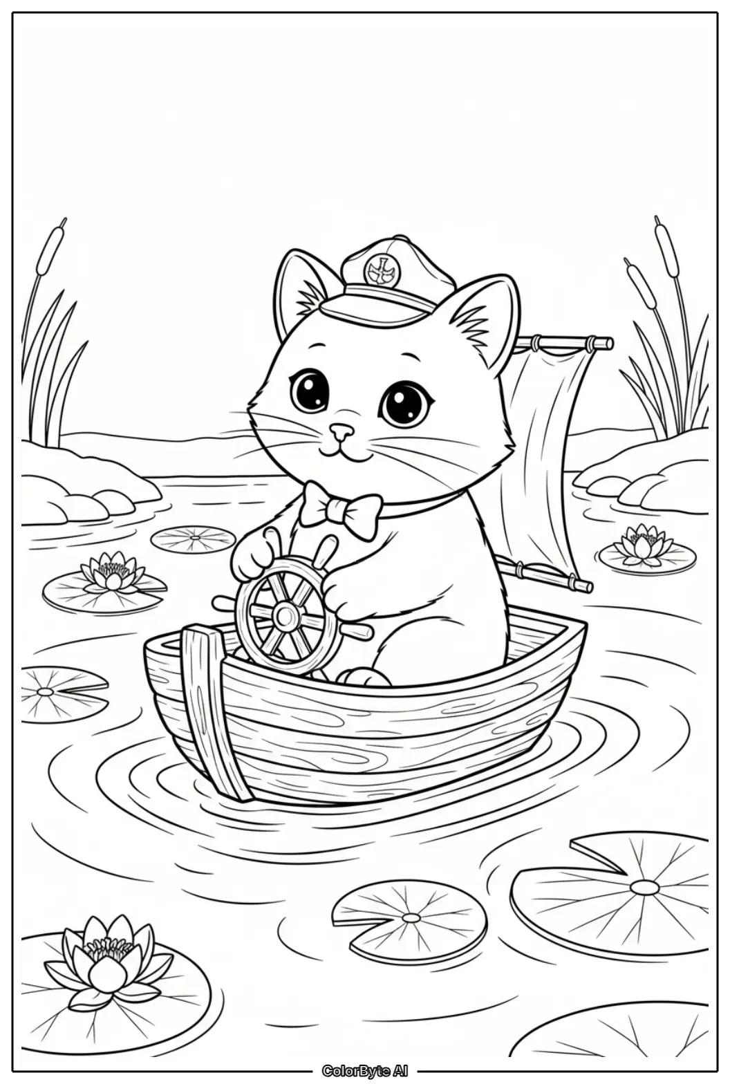 Cute Cat riding tiny wooden boat on pond surface