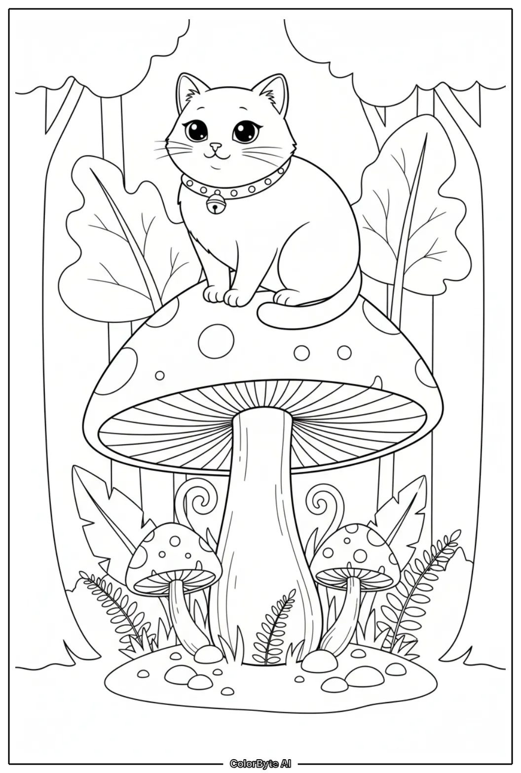 Cute Cat sitting atop giant mushroom in woodland