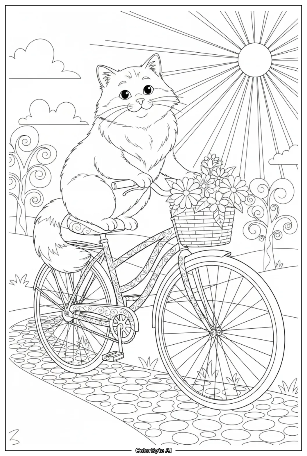 Cute Cat sitting on vintage bicycle beside path