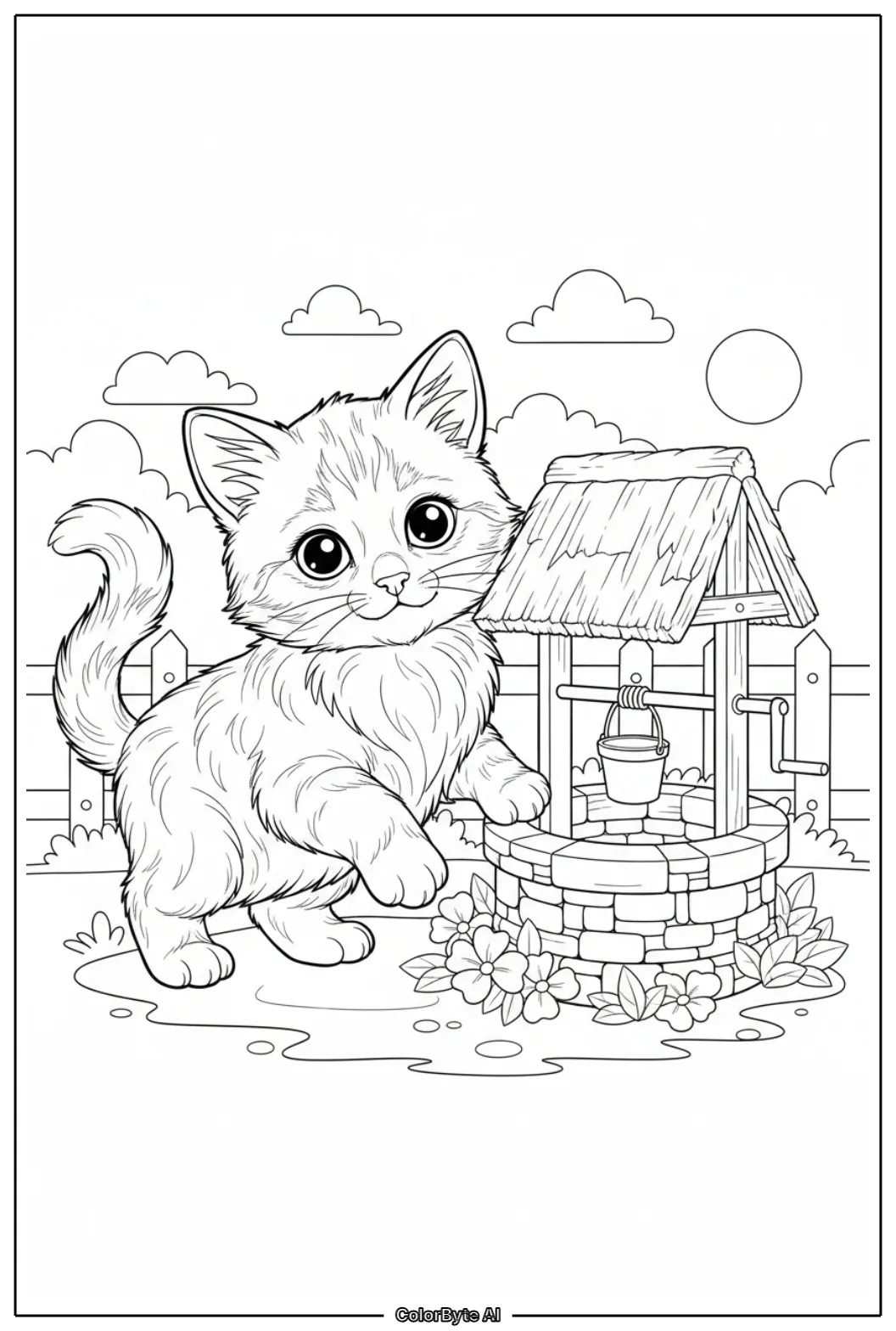 Cute Cat standing beside miniature well in yard