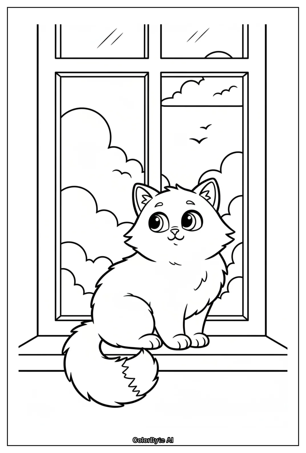Fluffy cat on windowsill clouds and birds outside window