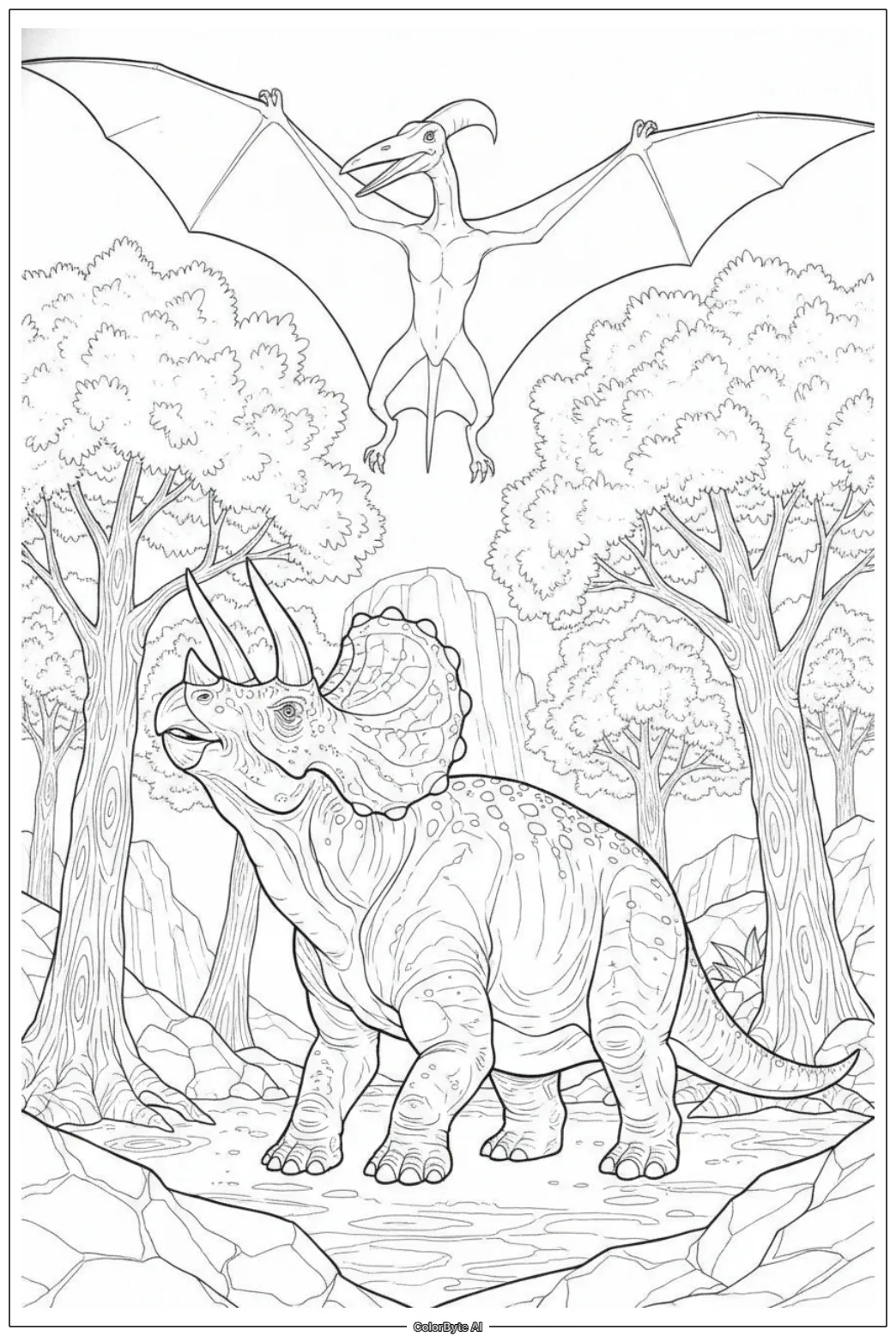 Dinosaur and Flying Pterodactyl