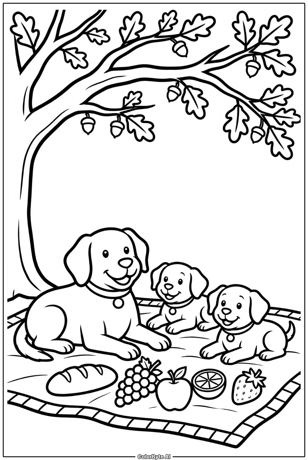 Dog Family Picnic Under Oak Tree