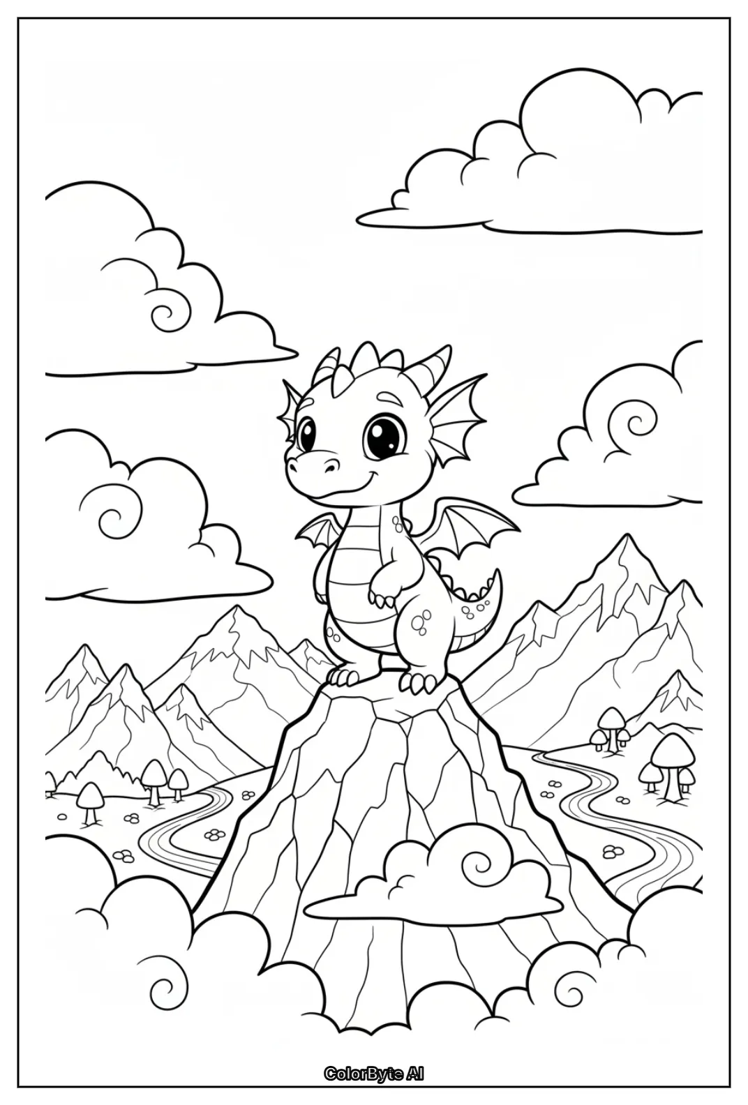 Cute dragon on mountain peak trails mushrooms clouds
