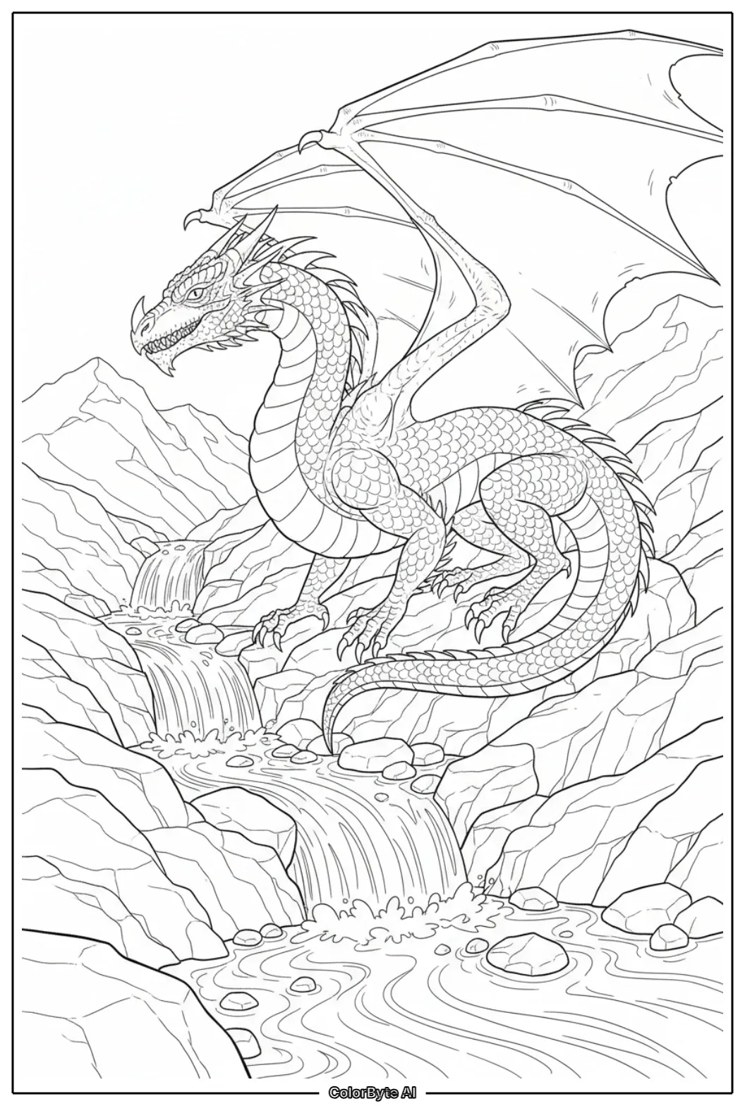 Dragon perching beside cascading mountain stream
