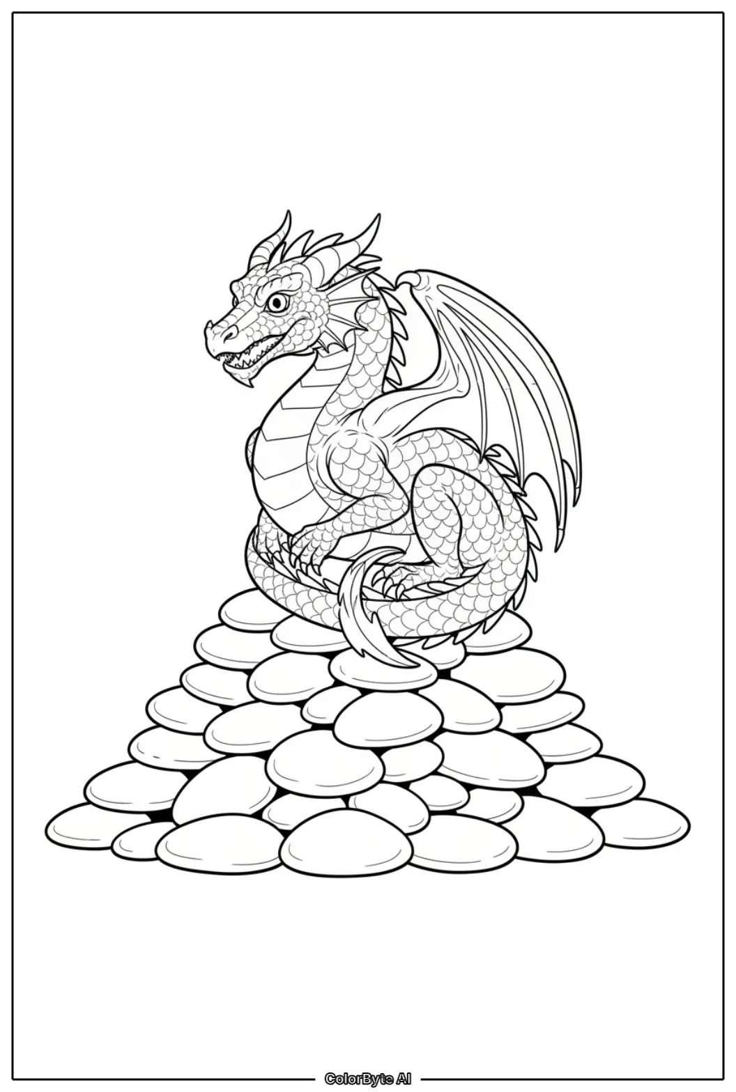 Dragon resting atop stacked pile of smooth stones