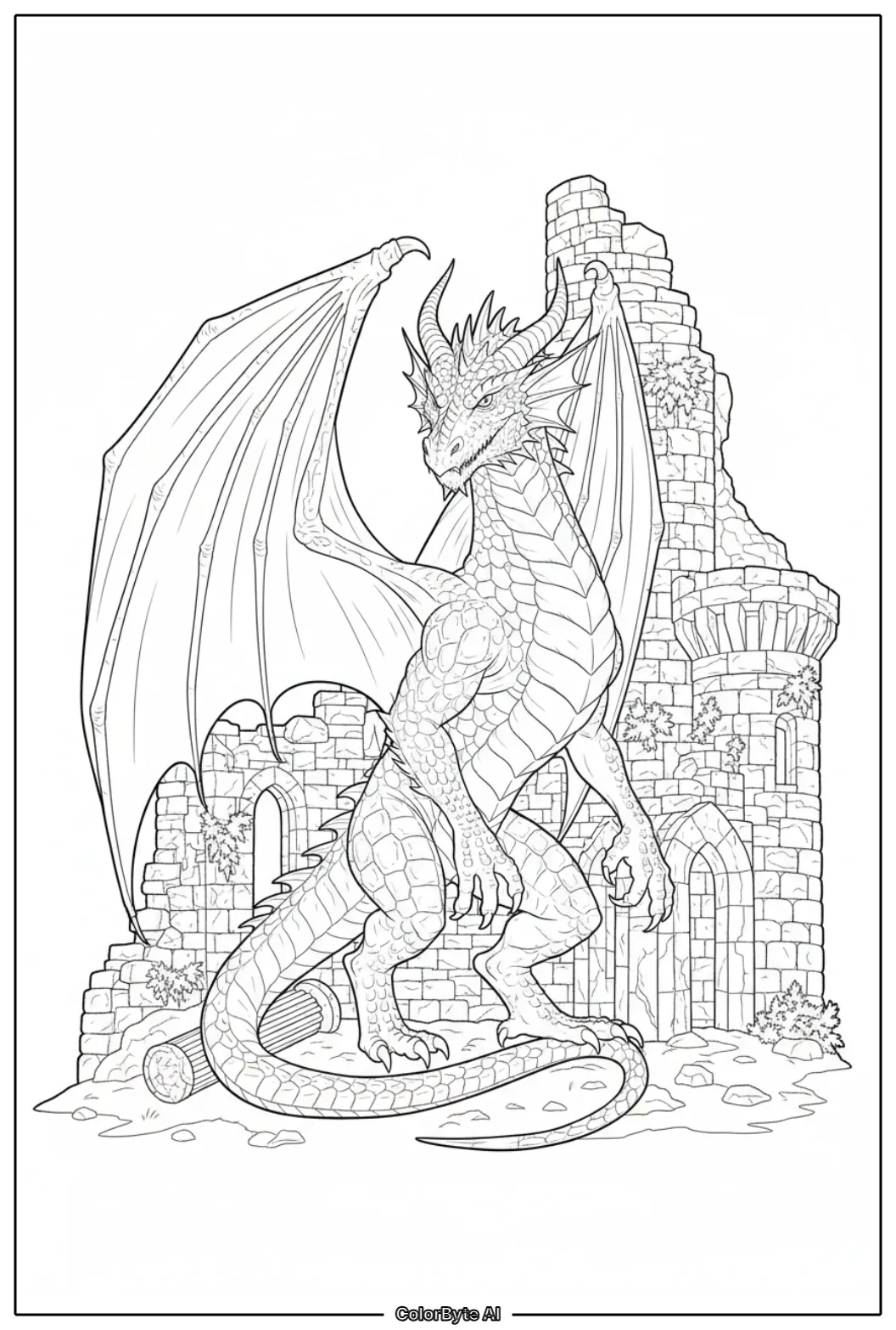 Dragon standing beside abandoned old castle ruins