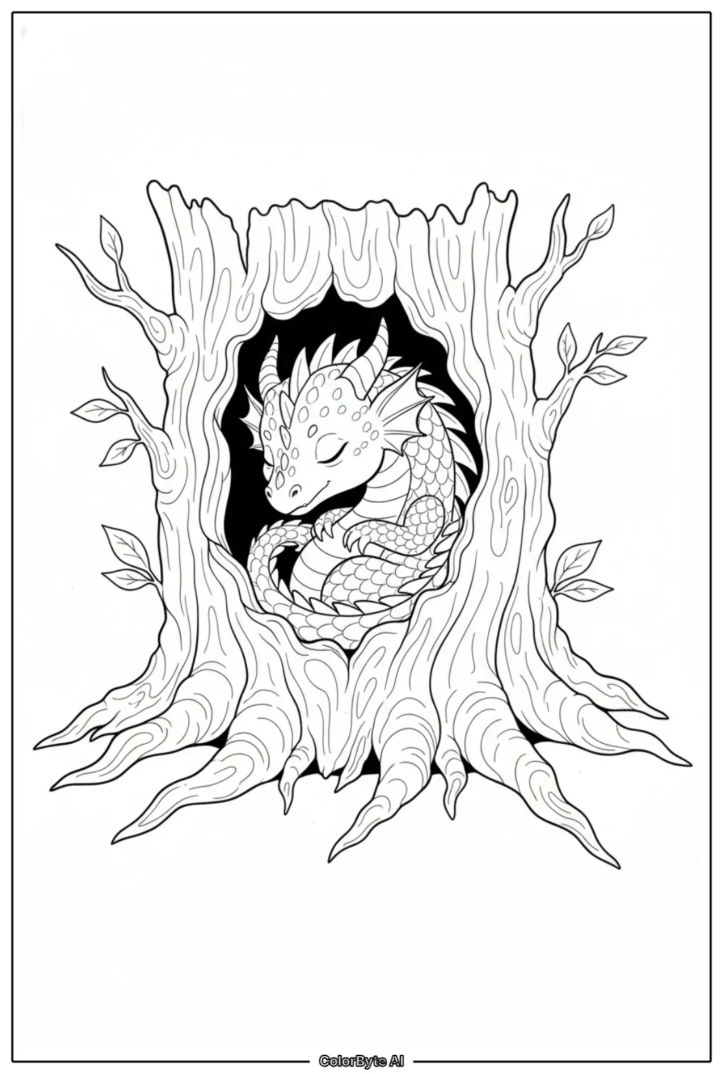 Small dragon curled inside hollow ancient tree trunk