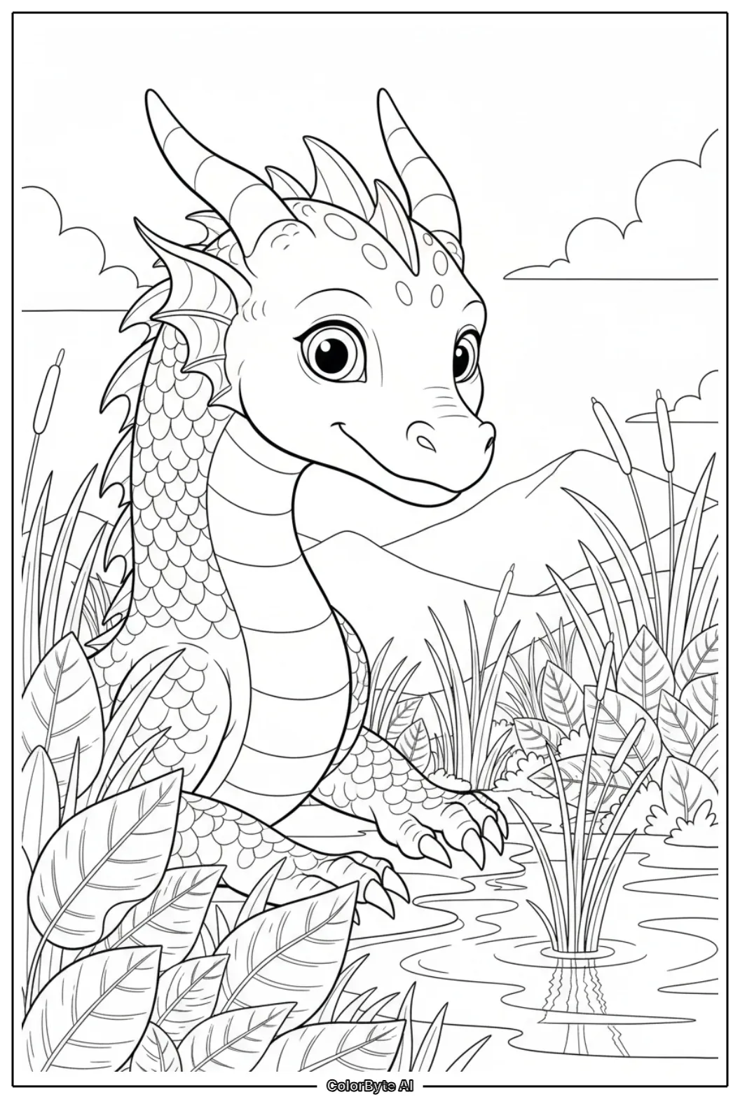 Small dragon exploring lakeside reed bushy shoreline