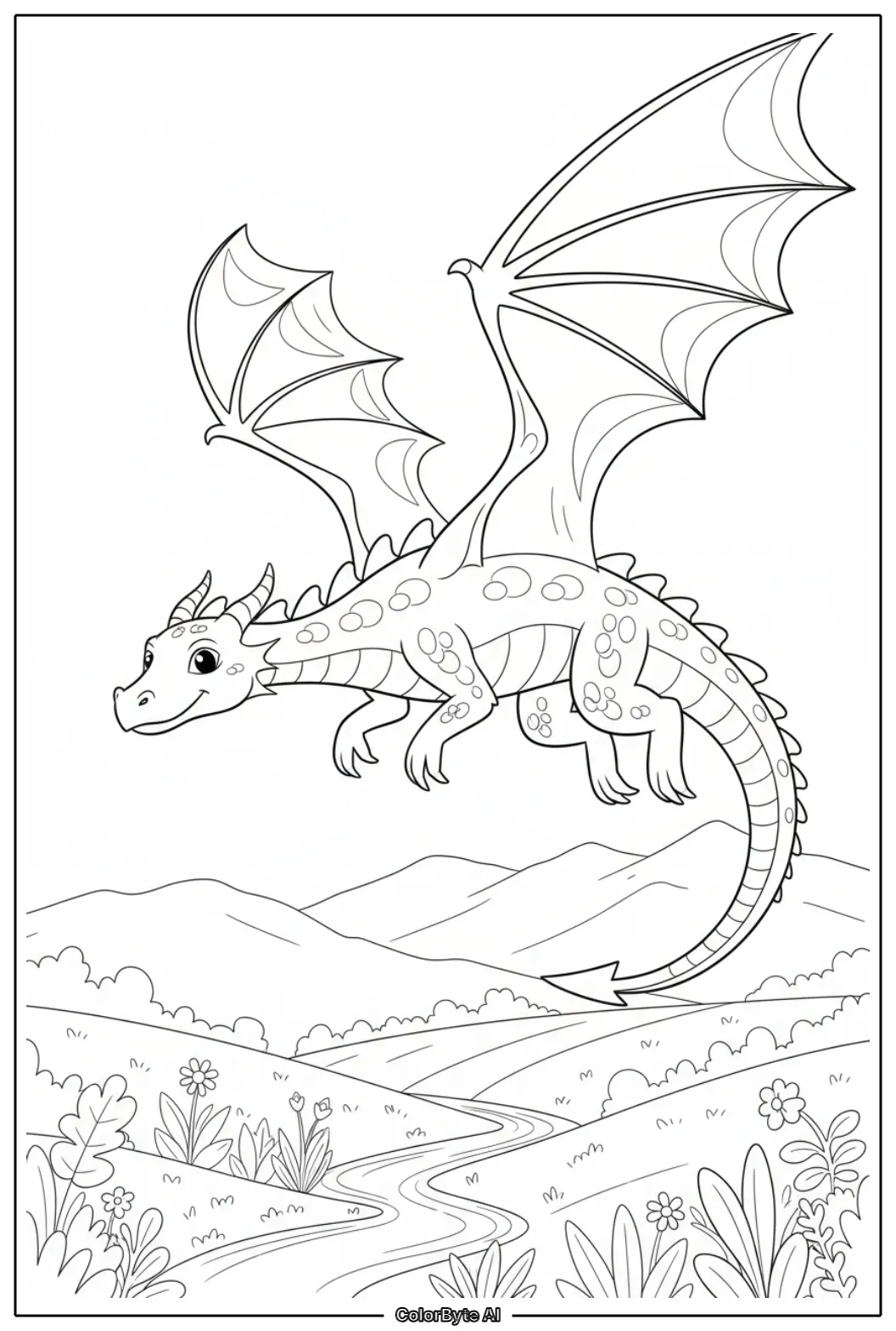 Small dragon gliding above sprawling meadow terrain