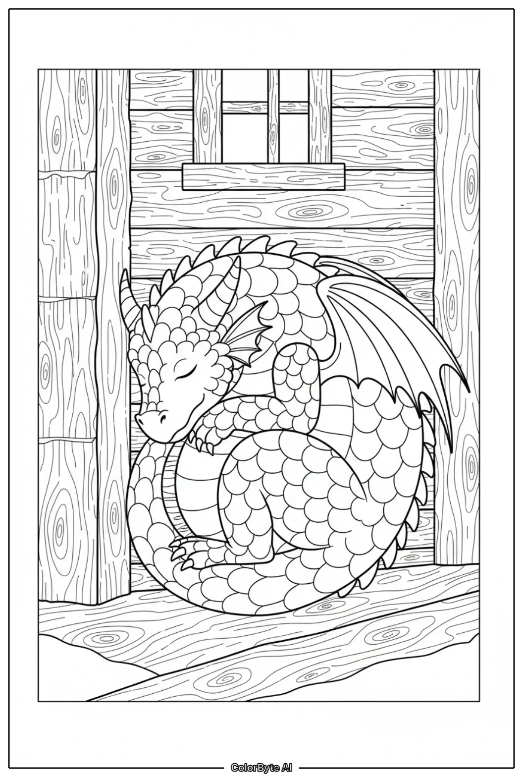 Small dragon napping beside old wooden cottage wall