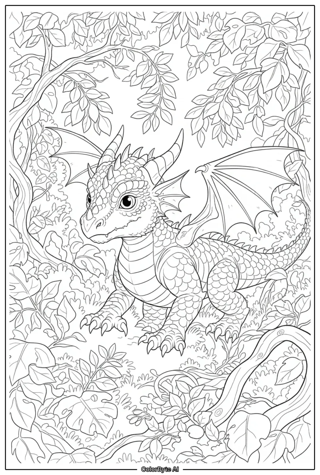 Small dragon wandering amid dense woodland shrubbery
