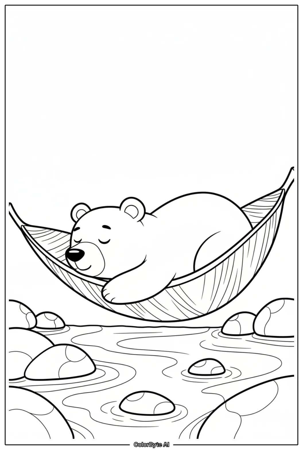Bear resting on giant leaf by stream