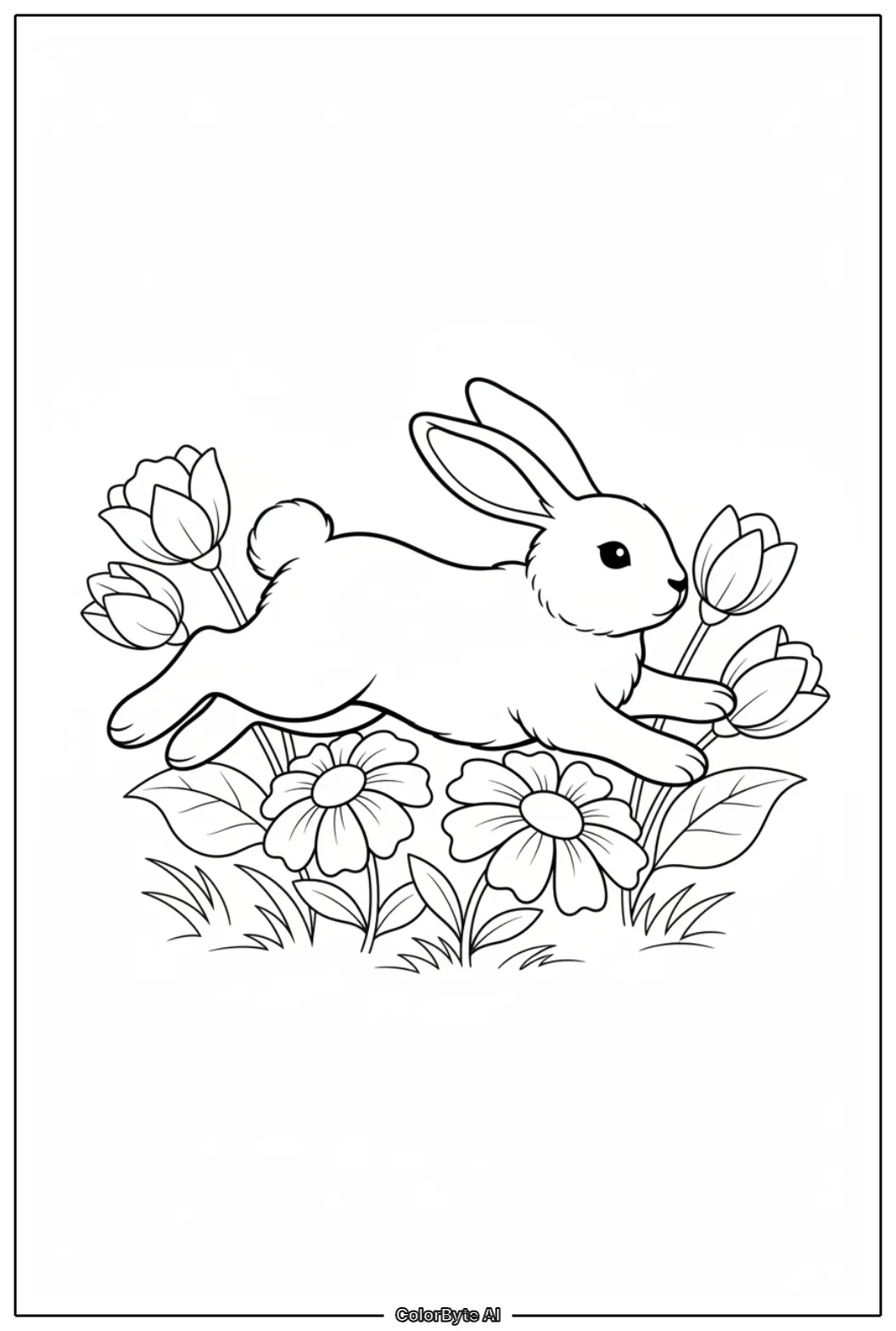 Bunny hopping on soft grass big flowers