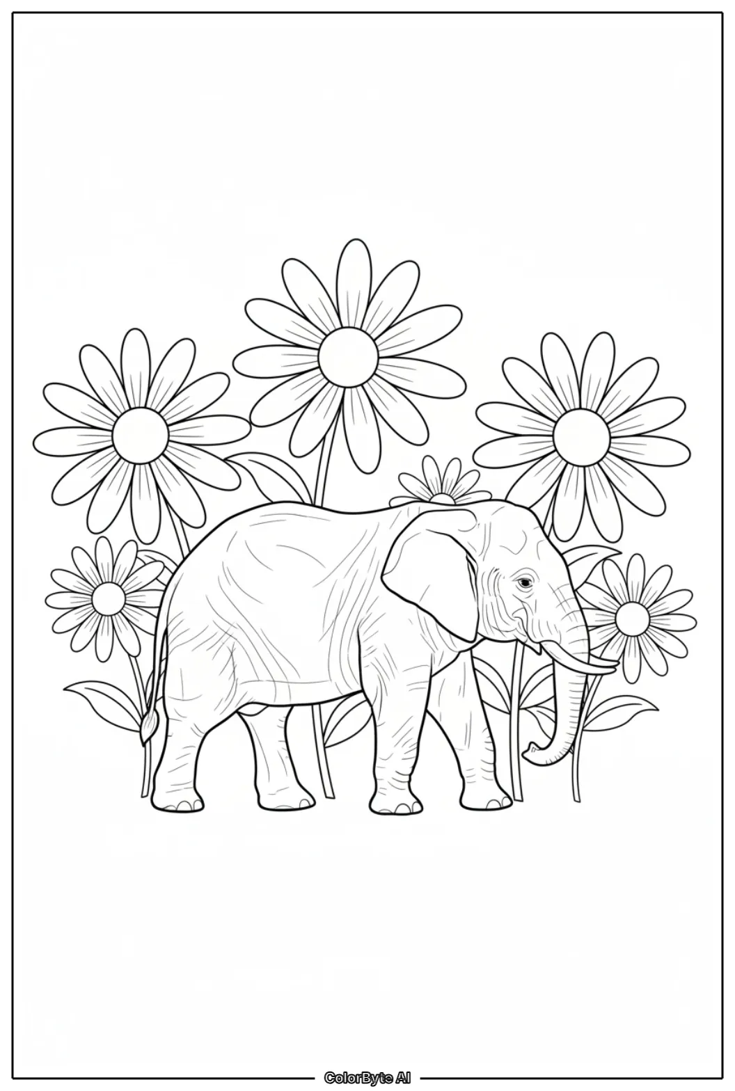 Elephant walking among huge daisies