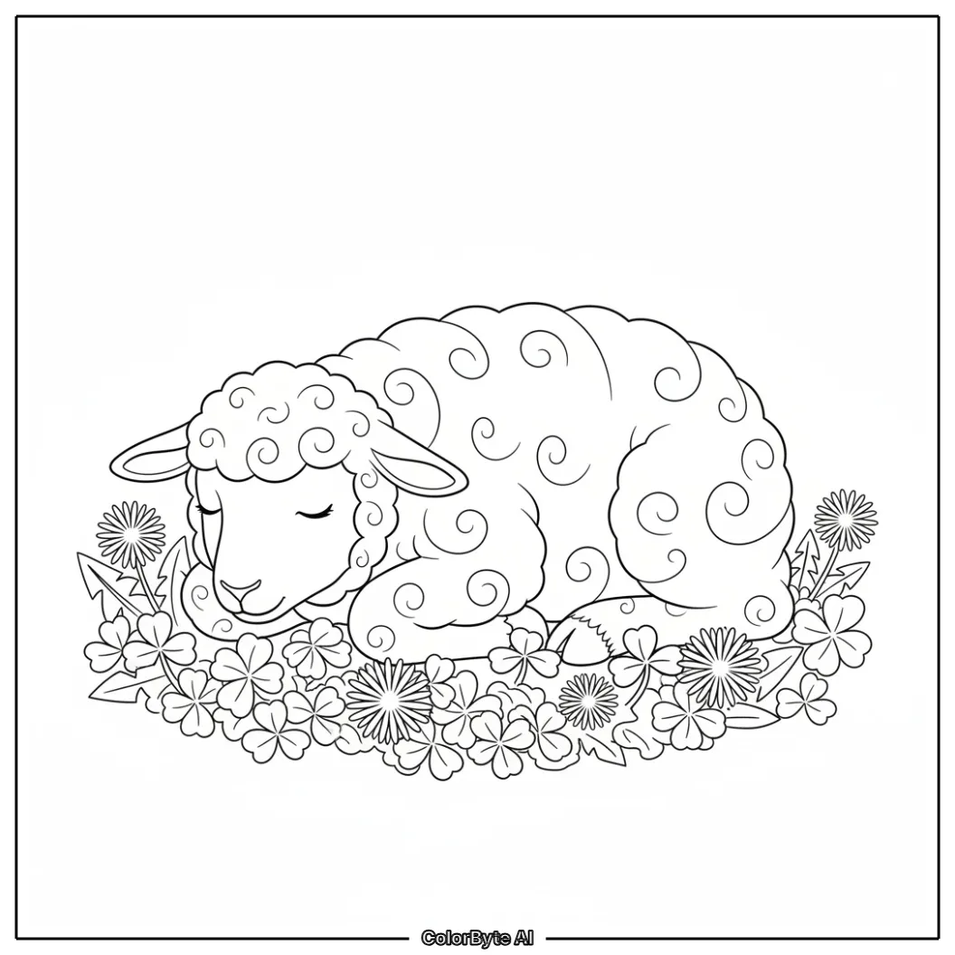 Lamb lying on clover patch dandelions