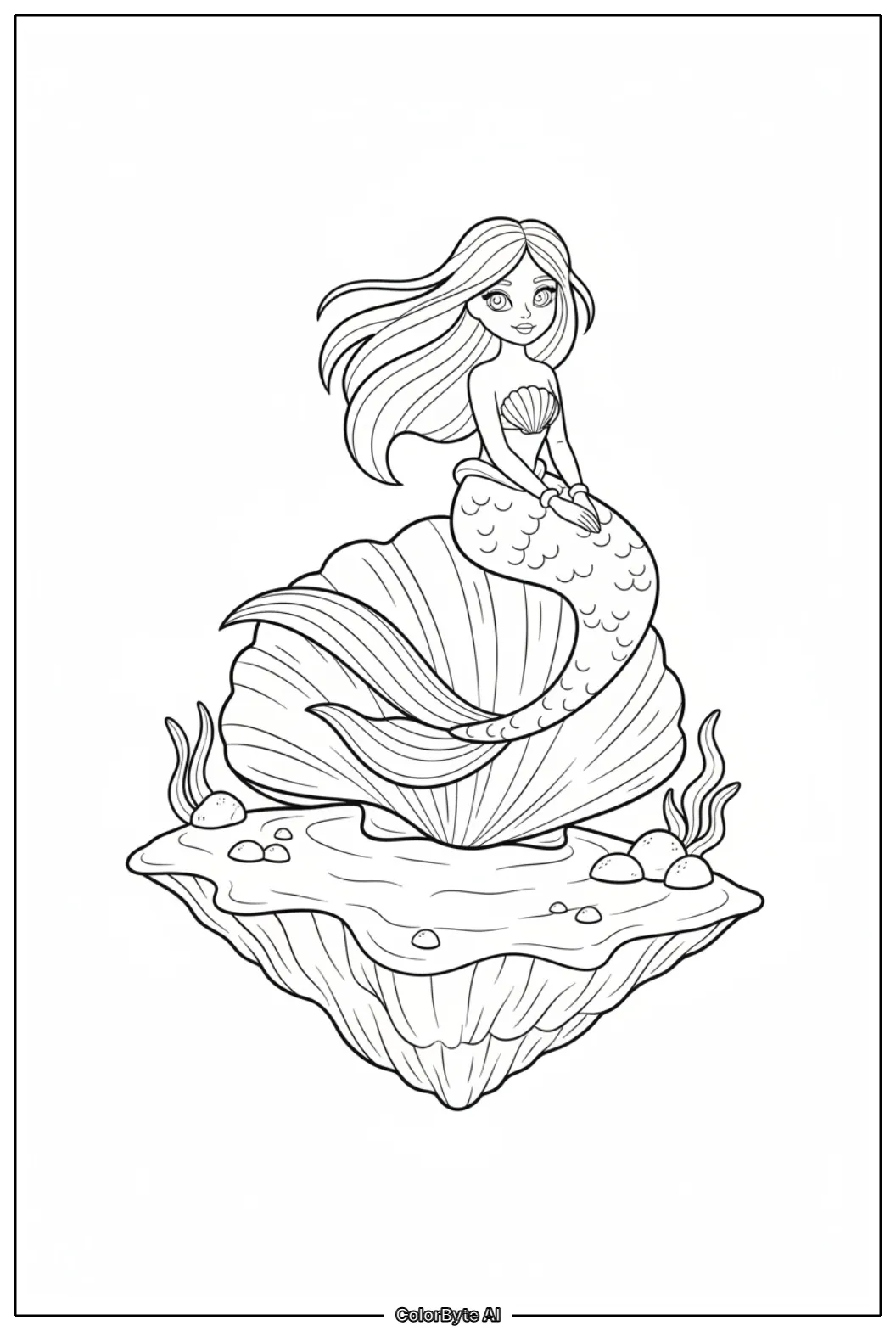 Mermaid sitting on giant seashell island