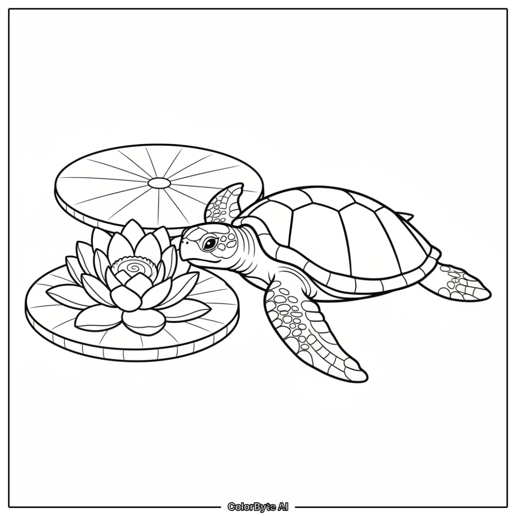 Turtle crawling near round water lily