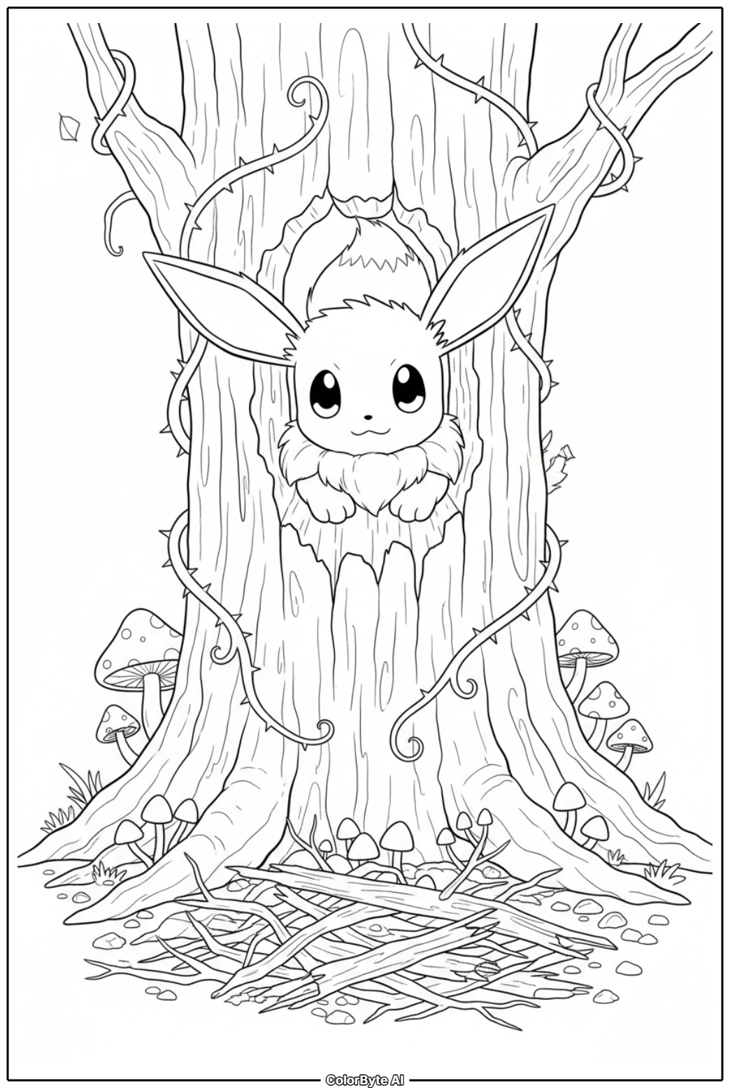 Eevee hiding in ancient tree hollow