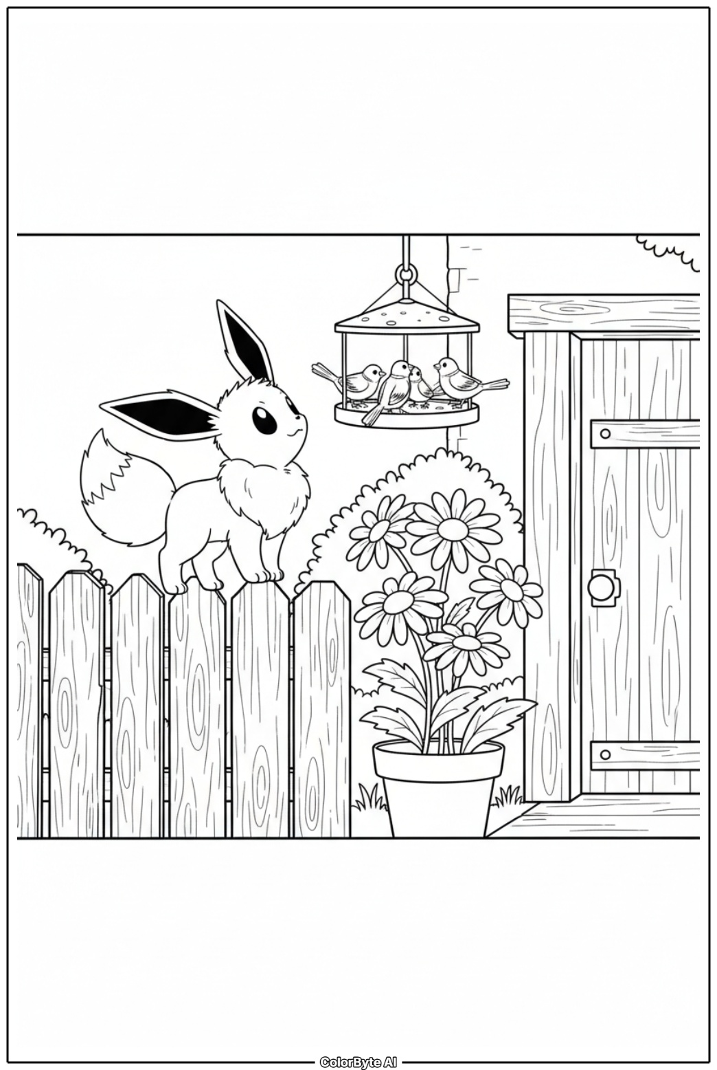 Eevee at cottage garden bird feeder