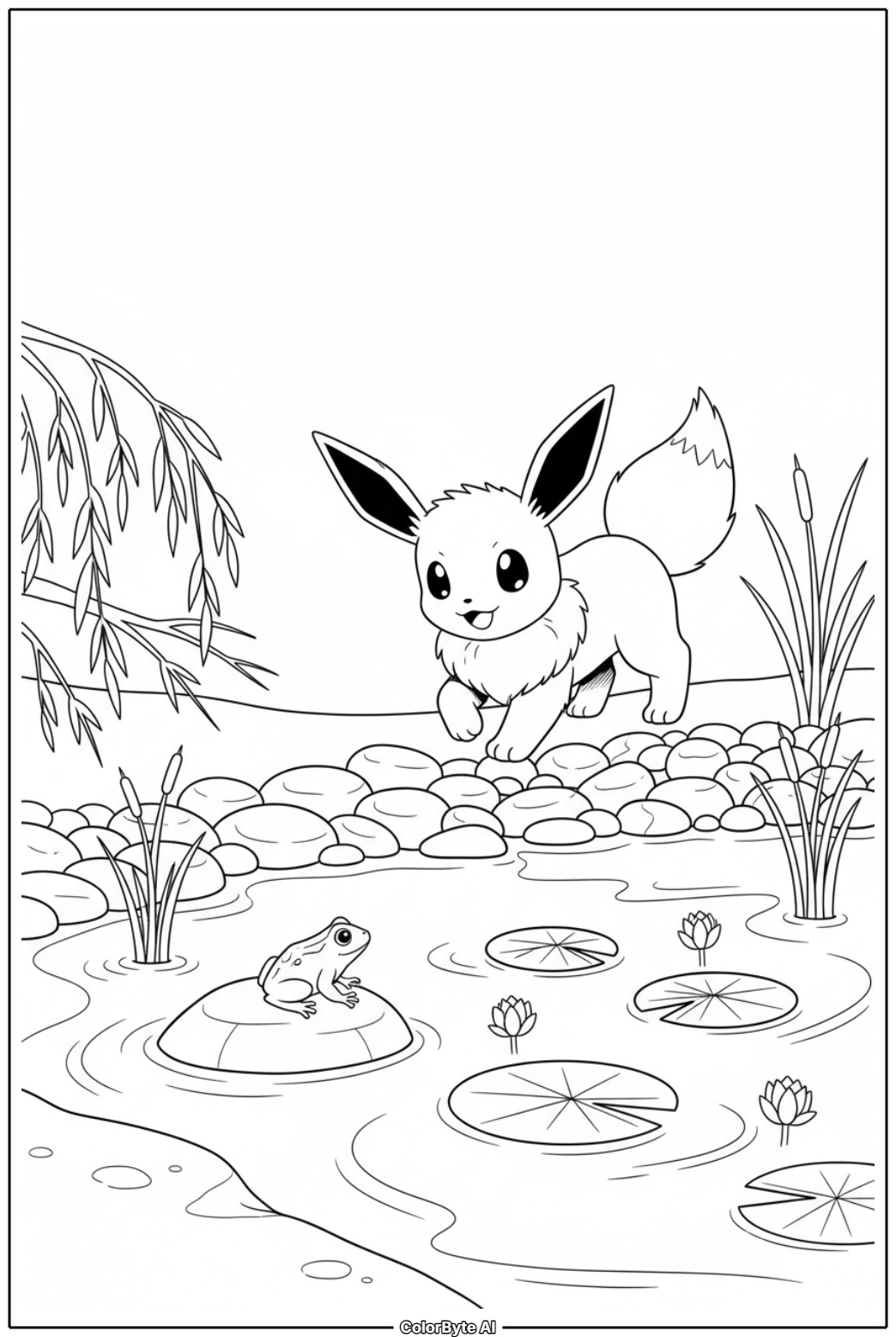 Eevee playing on lakeside stone shore