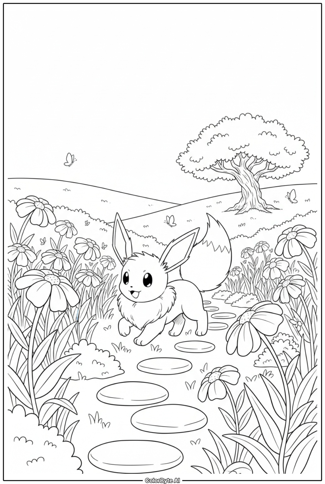 Eevee running through meadow wildflowers