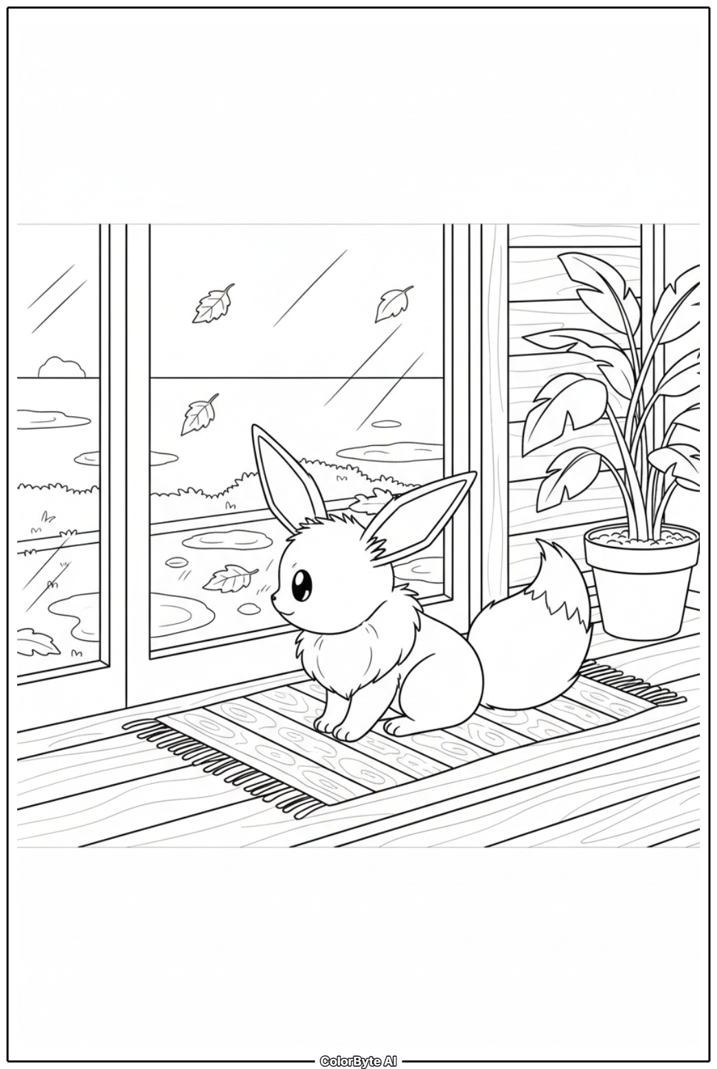 Eevee watching rain from porch window