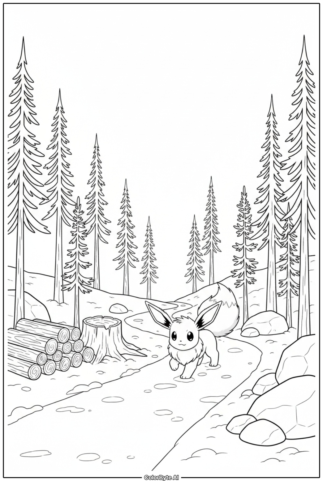 Eevee wandering in snowy pine forest