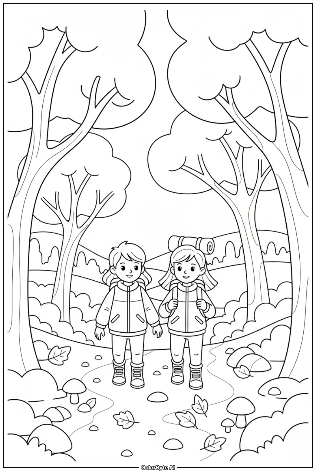 Boy and Girl Hiking in Fall Mountain Trail