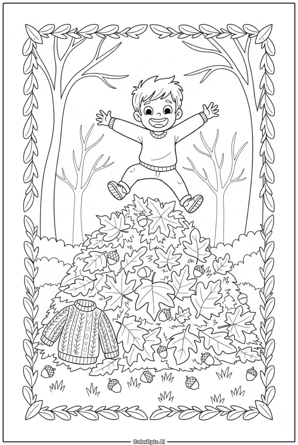 Boy Jumping in Autumn Leaf Pile