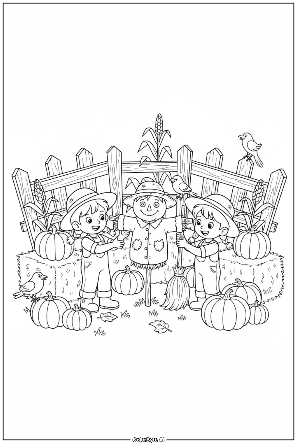 Children Building a Scarecrow in Pumpkin Patch