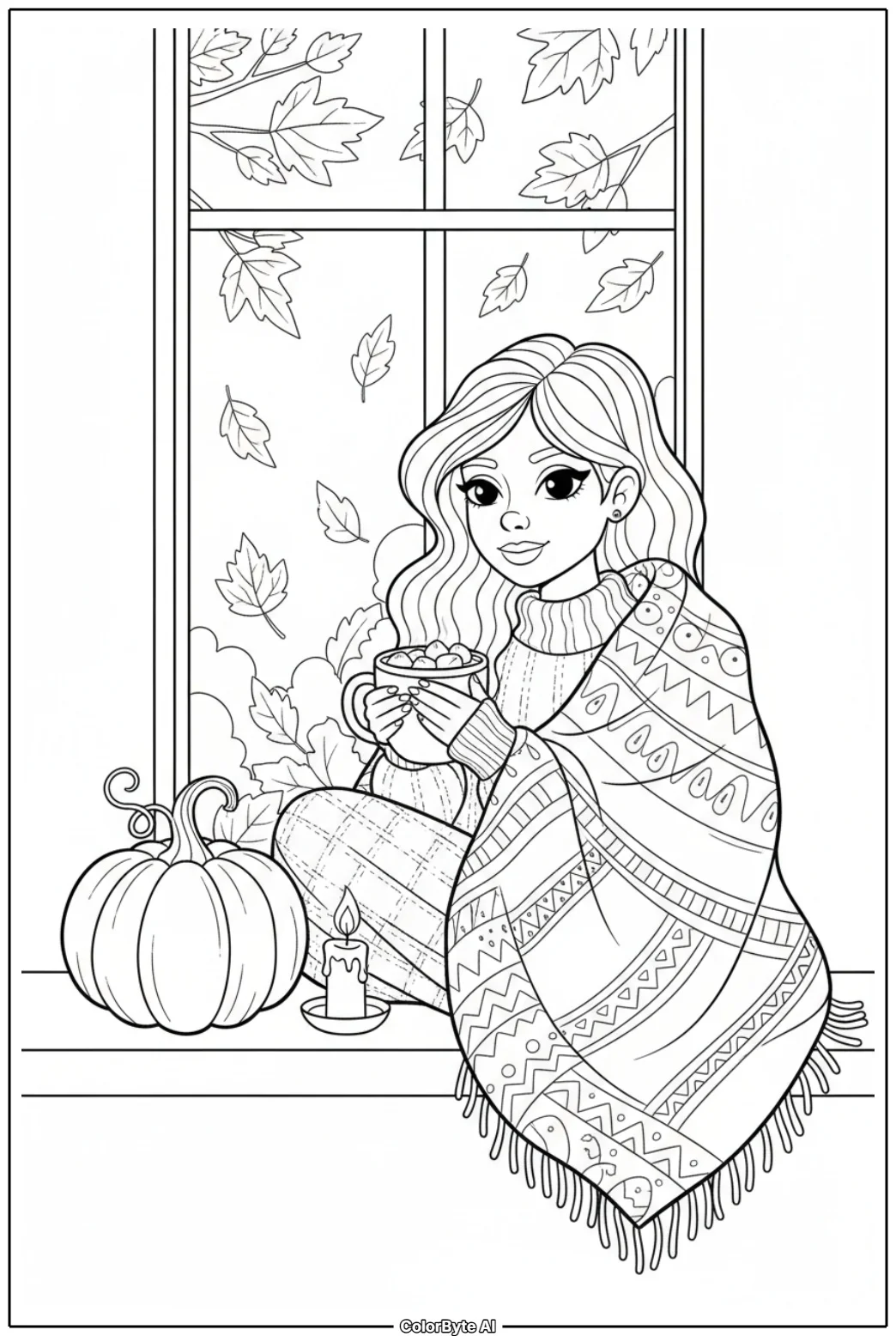 Girl Holding Hot Chocolate by Fall Window