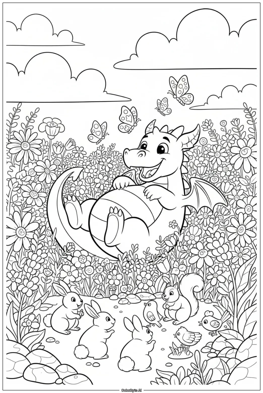 Baby Dragon Playing in Flower Meadow