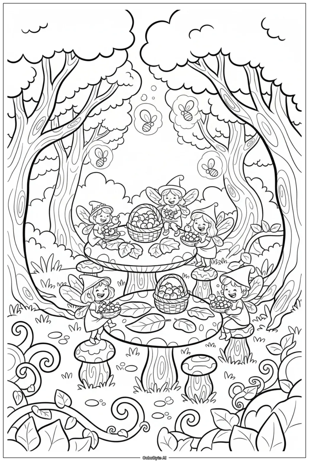 Fairies Picnicking in Forest Glade