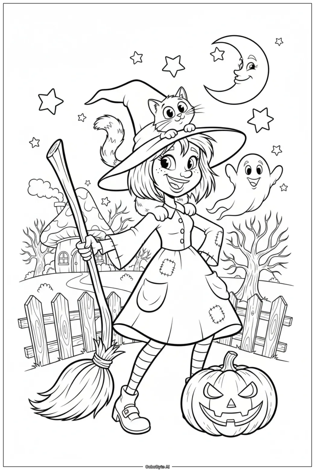Little Witch and Her Cat at Night