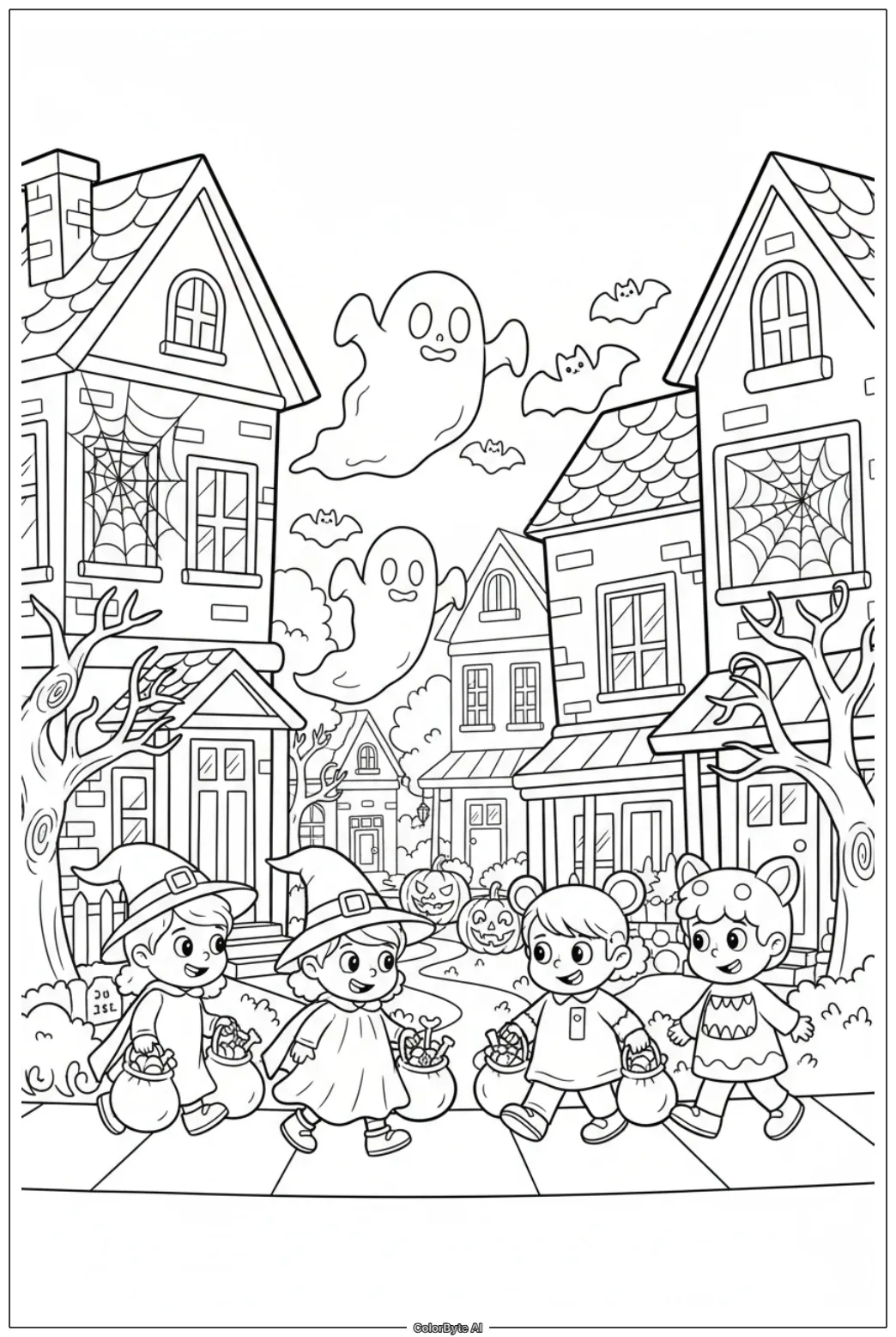 Halloween Street with Trick-or-Treaters