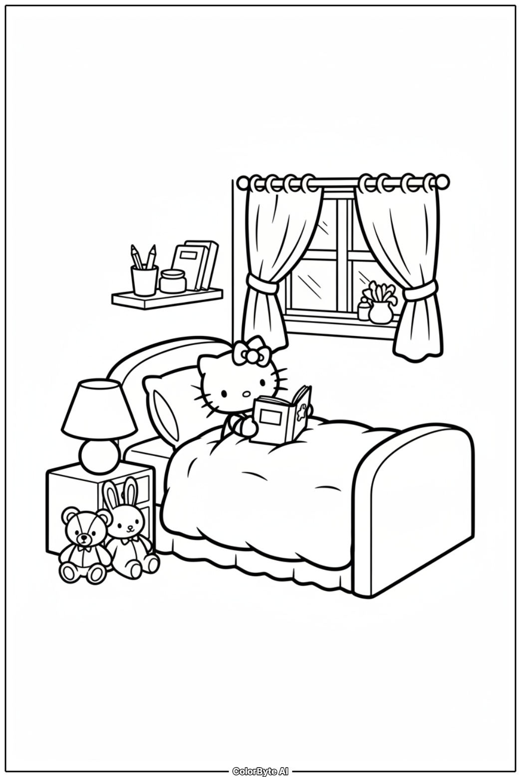 Hello Kitty reading book in cozy bedroom