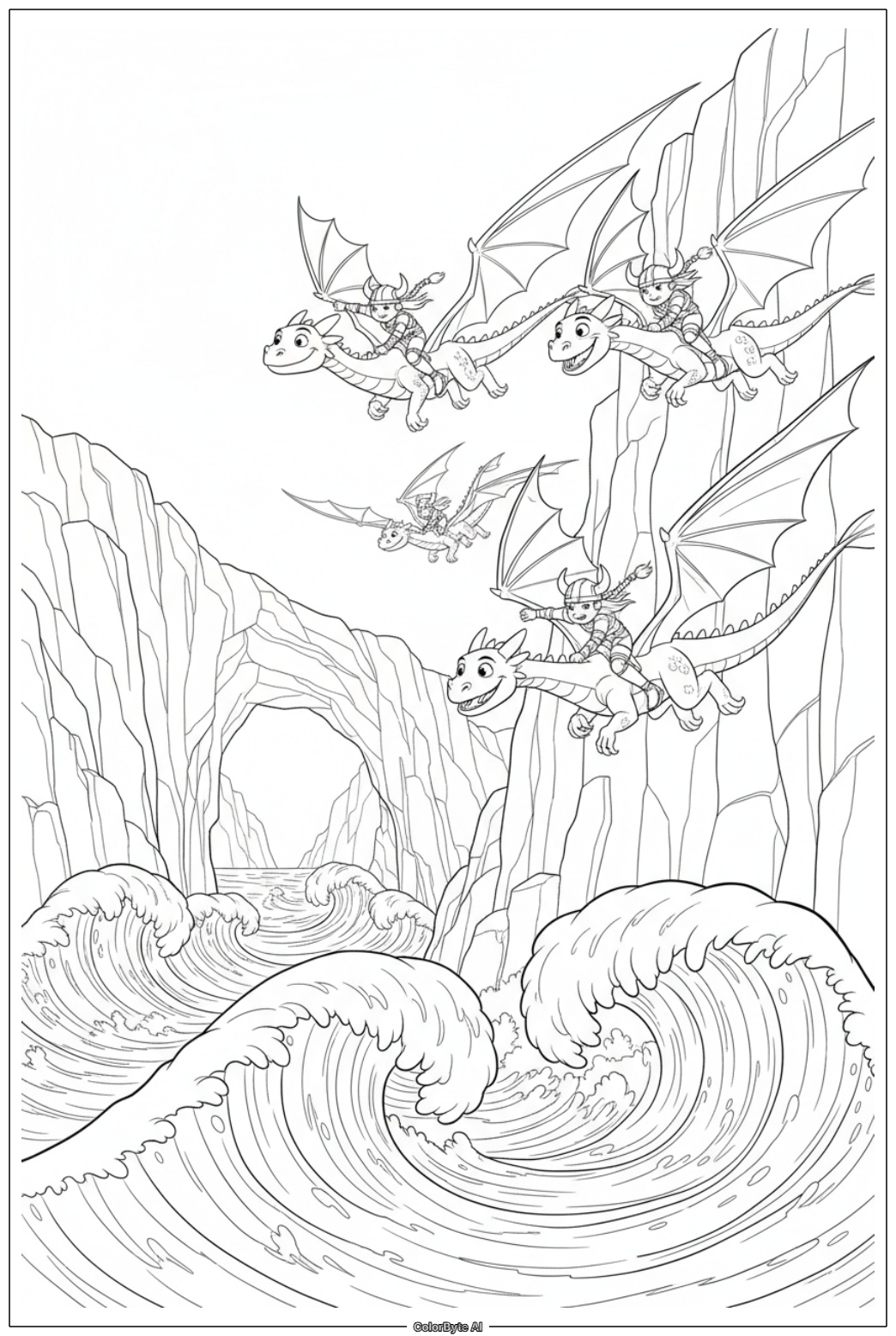 Dragons racing through sea cliffs