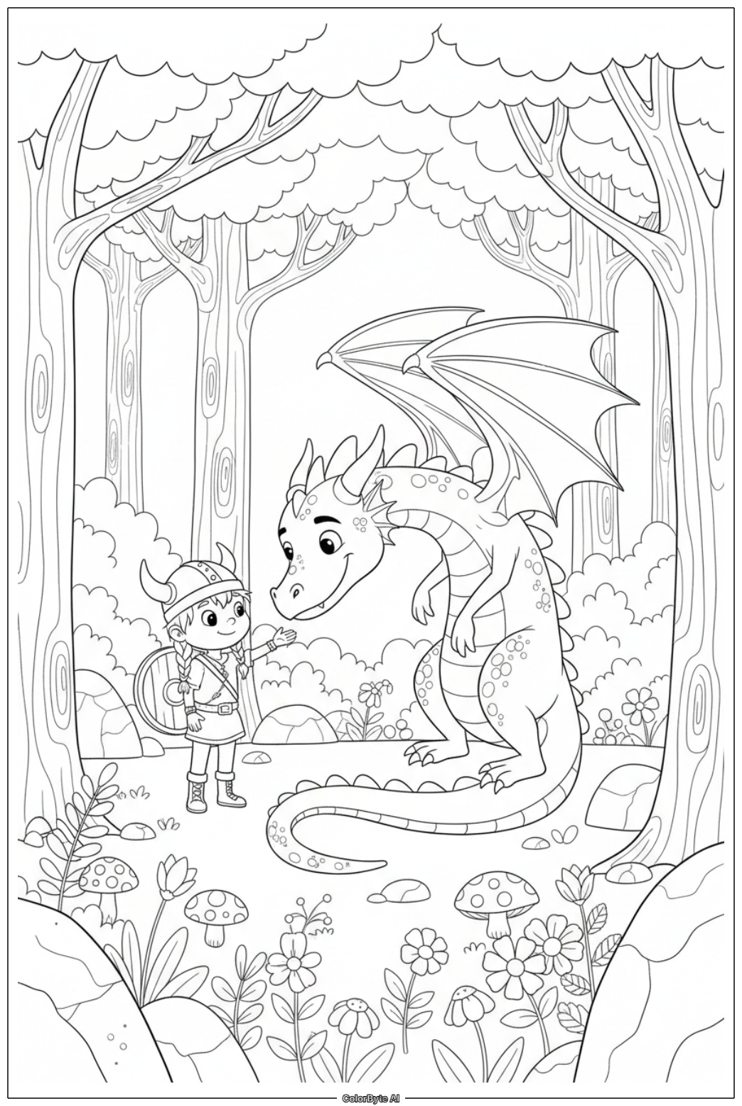 Young Viking meeting a friendly dragon