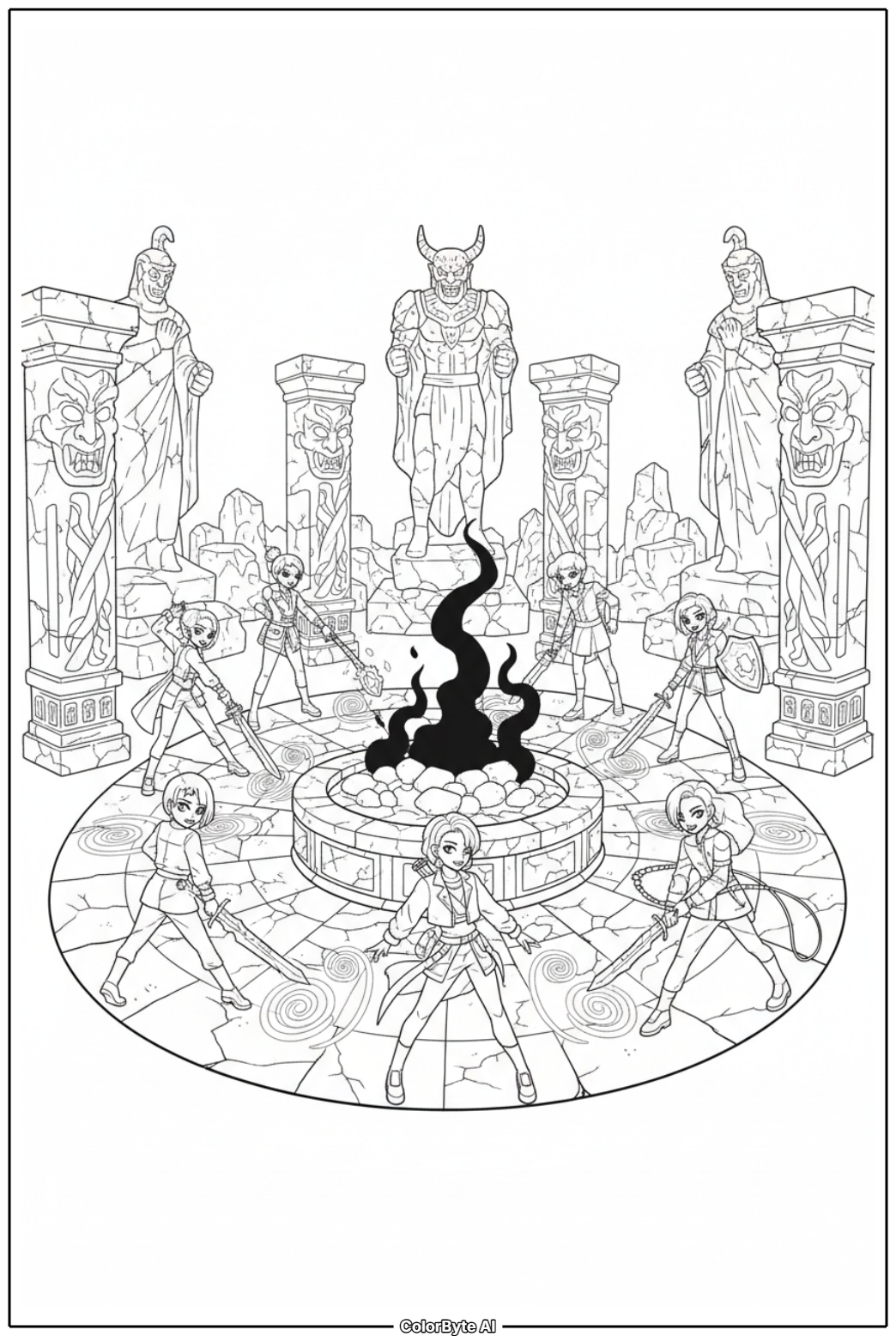 Ancient temple demon seal ritual with glowing runes