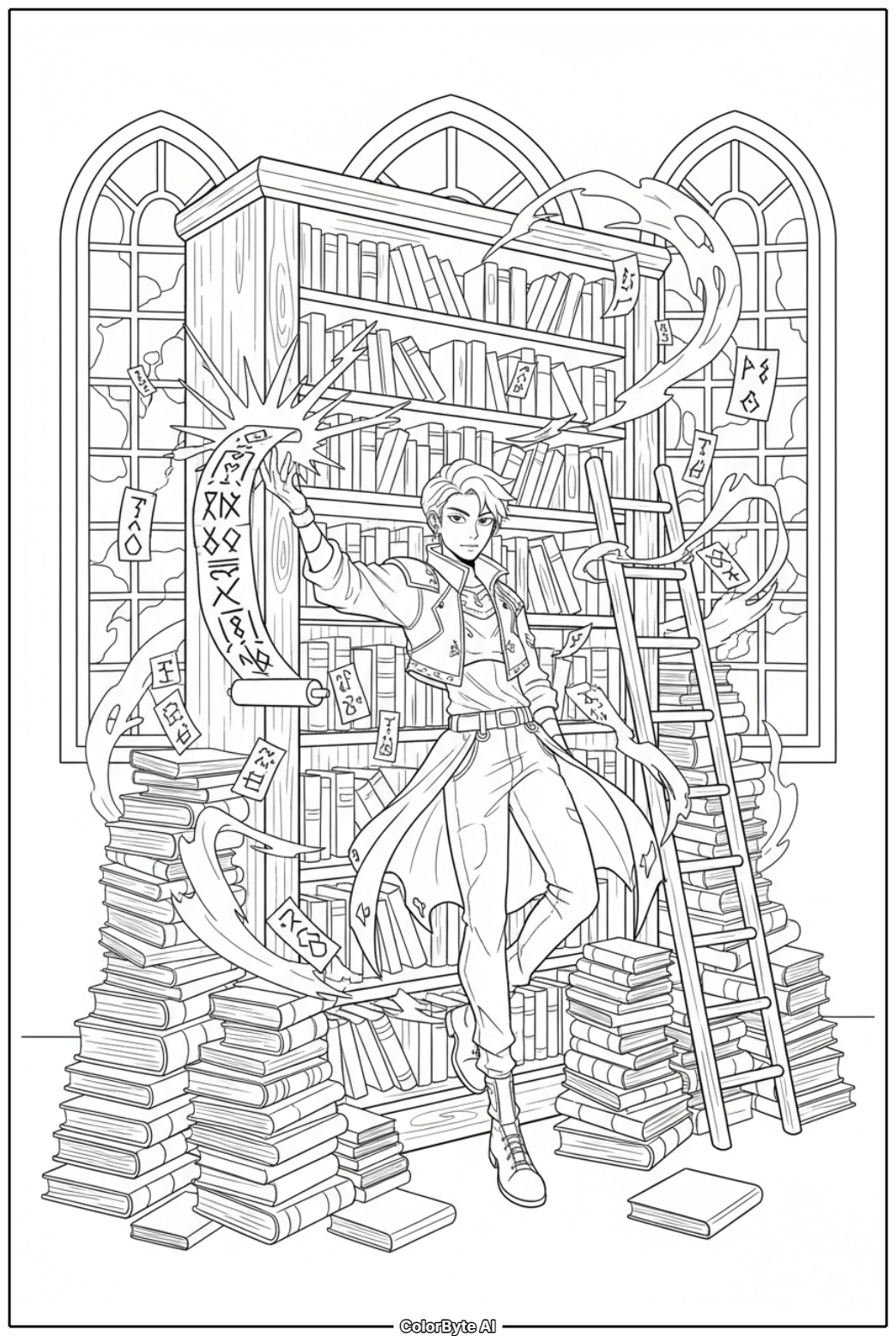 Magic library demon exorcism with floating spell books