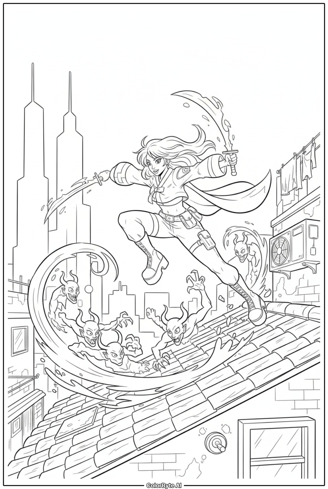Rooftop demon showdown under full moon