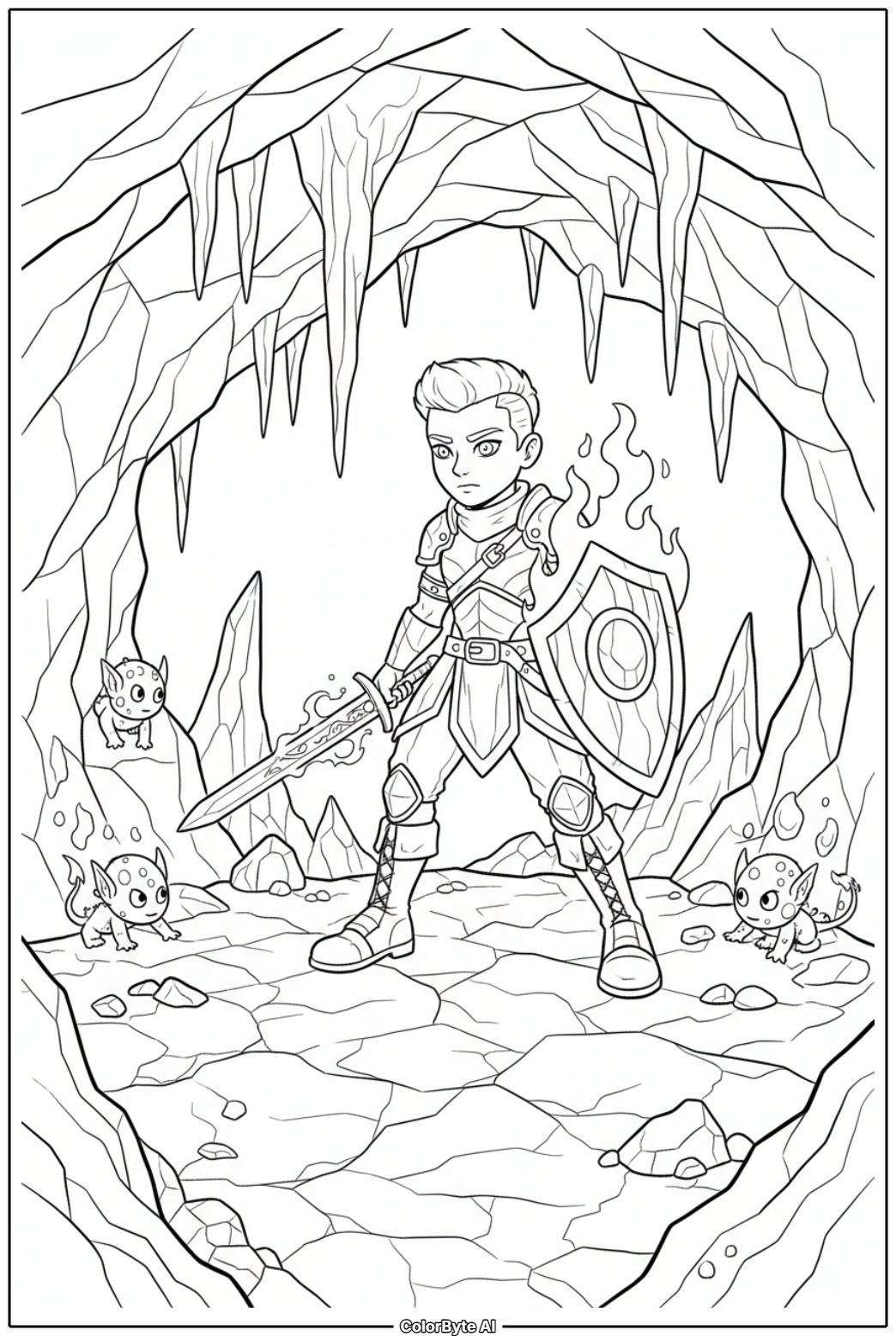 Volcanic cave demon lair with lava and shadows