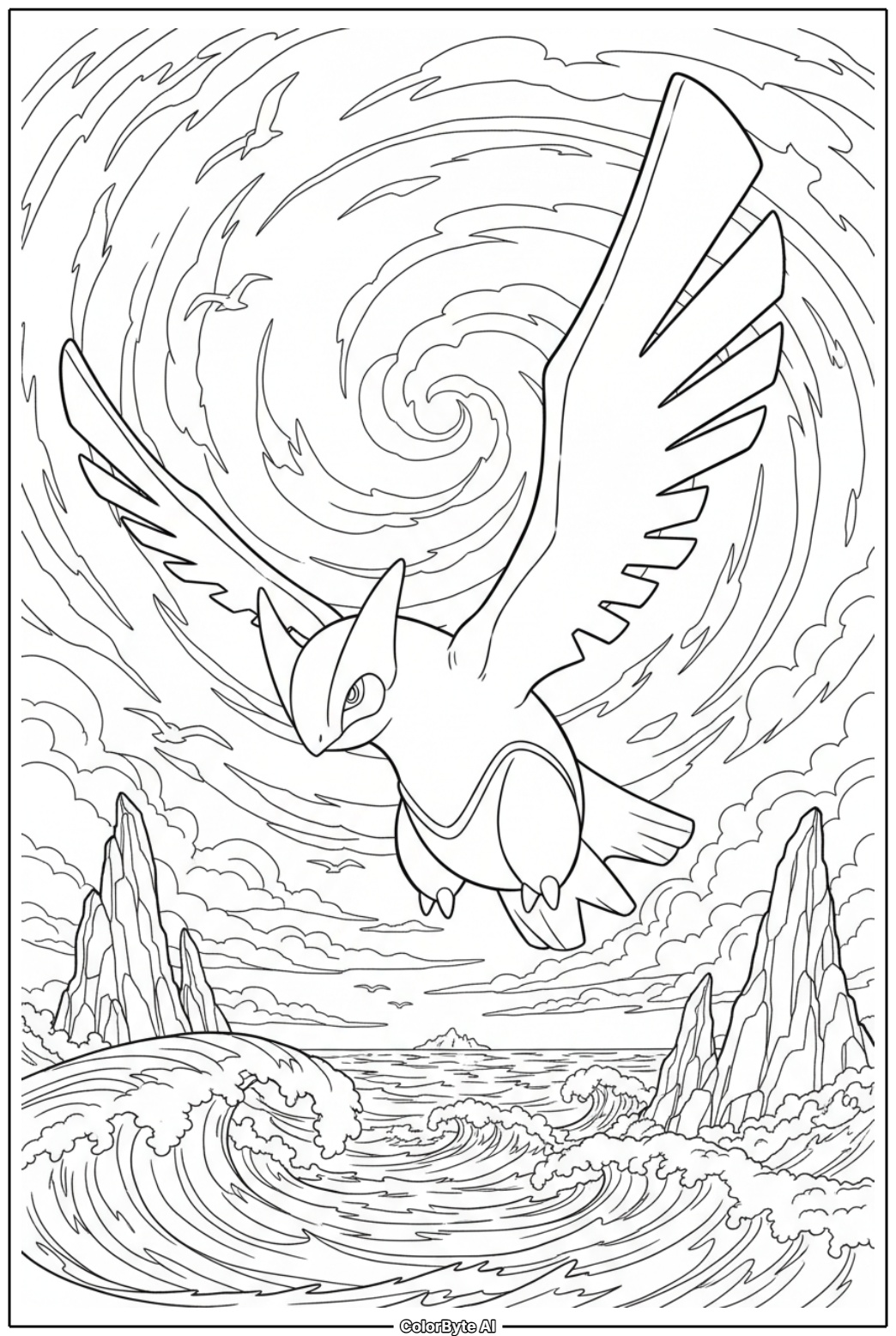 Lugia gliding through ocean storm sky